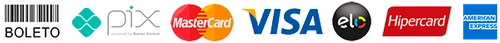 Boleto, Pix, Mastercard, Visa, Elo, Hipercard, American Express